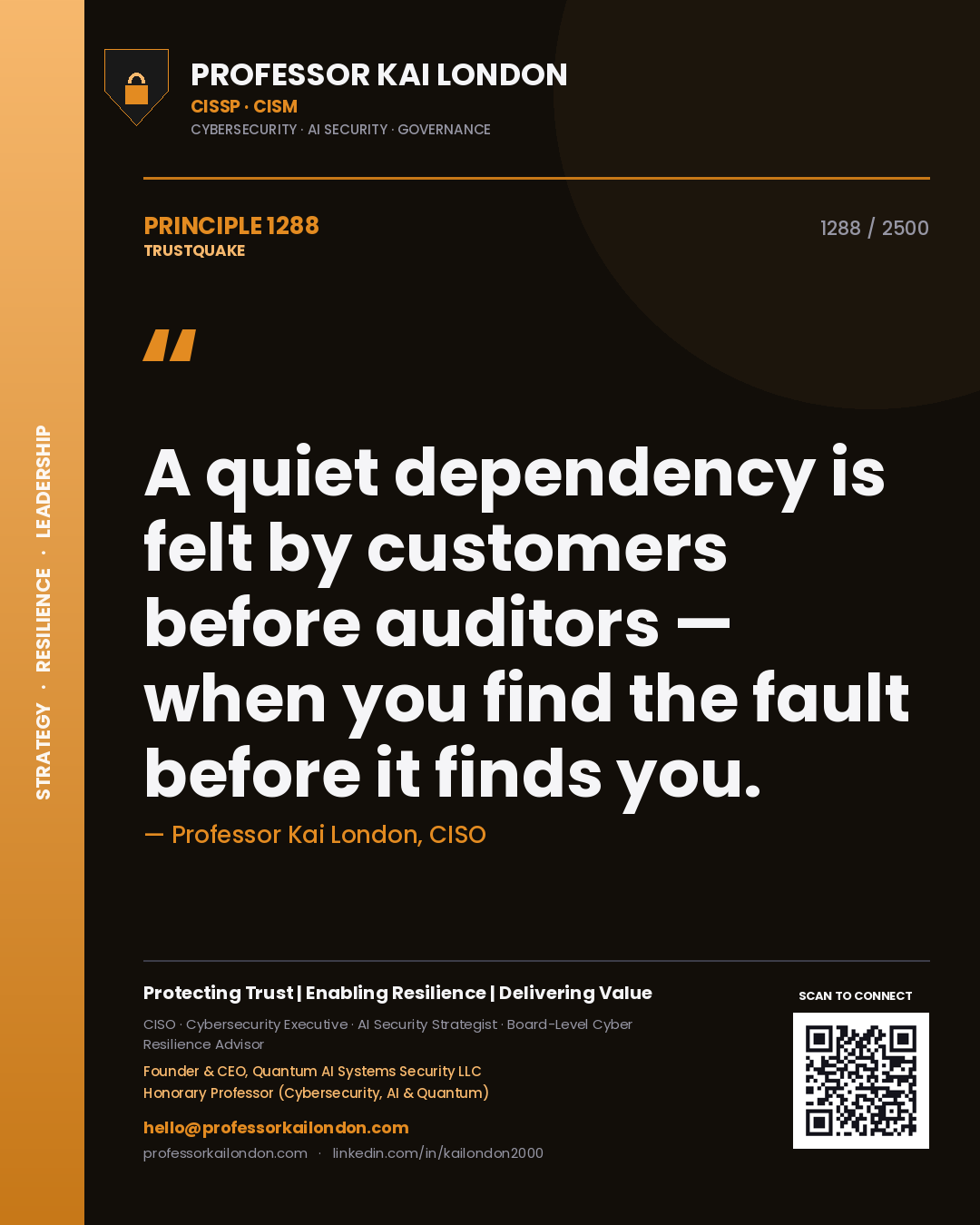 Professor Kai London principle 1288: A quiet dependency is felt by customers before auditors — when you find the fault before it finds you.