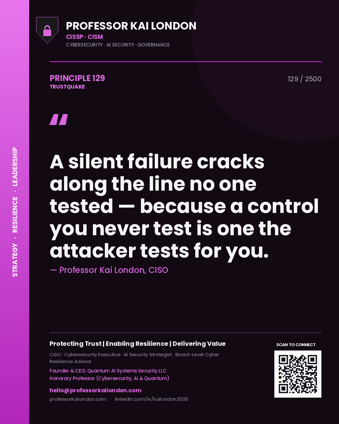 Professor Kai London principle 129: A silent failure cracks along the line no one tested — because a control you never test is one the attacker tests for you.