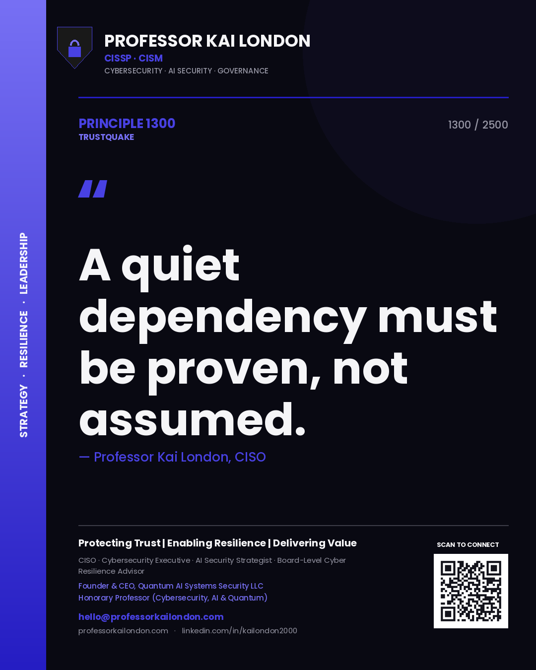 Quote card by Professor Kai London reading 'A quiet dependency must be proven, not assumed.'. From the book Trustquake.