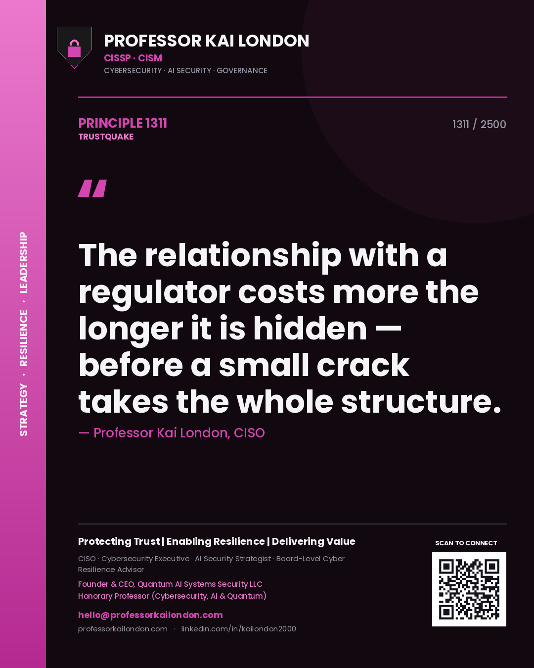 Professor Kai London principle 1311: The relationship with a regulator costs more the longer it is hidden — before a small crack takes the whole structure.