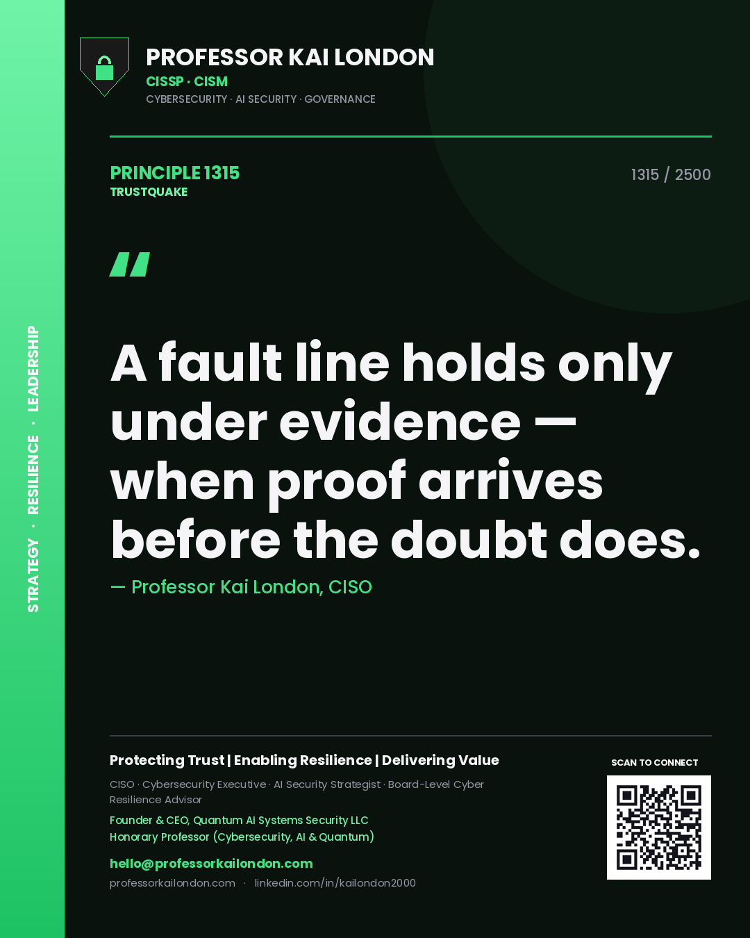 Quote card by Professor Kai London reading 'A fault line holds only under evidence — when proof arrives before the doubt does.'. From the book Trustquake.