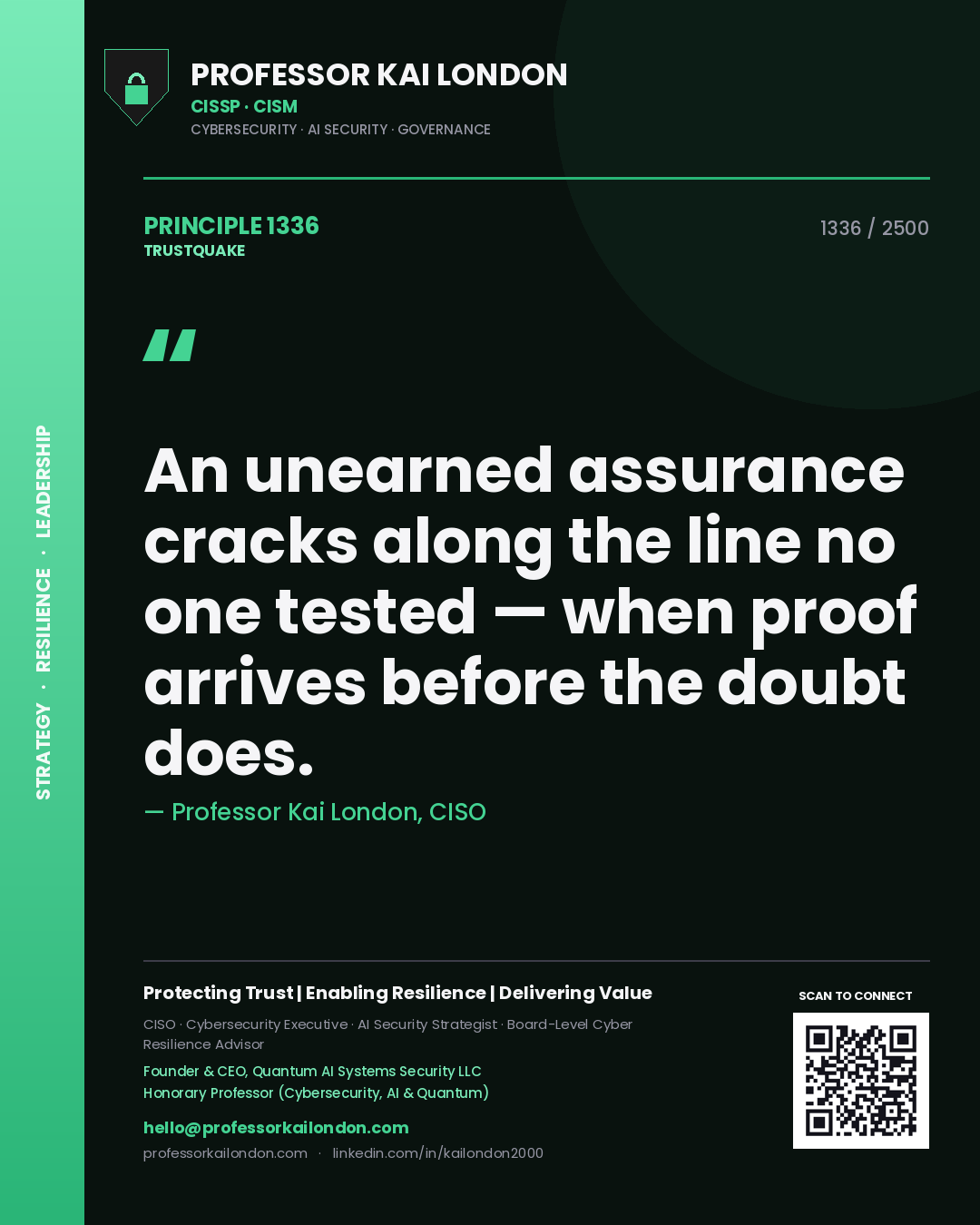 Quote card by Professor Kai London reading 'An unearned assurance cracks along the line no one tested — when proof arrives before the doubt does.'. From the book Trustquake.