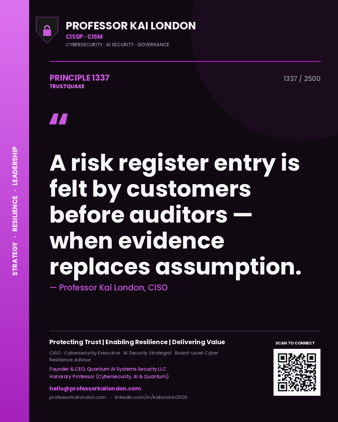 Professor Kai London principle 1337: A risk register entry is felt by customers before auditors — when evidence replaces assumption.