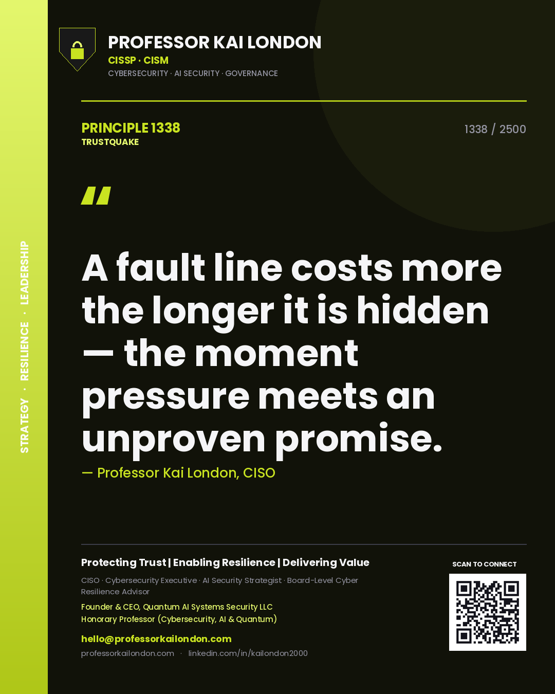 Professor Kai London principle 1338: A fault line costs more the longer it is hidden — the moment pressure meets an unproven promise.