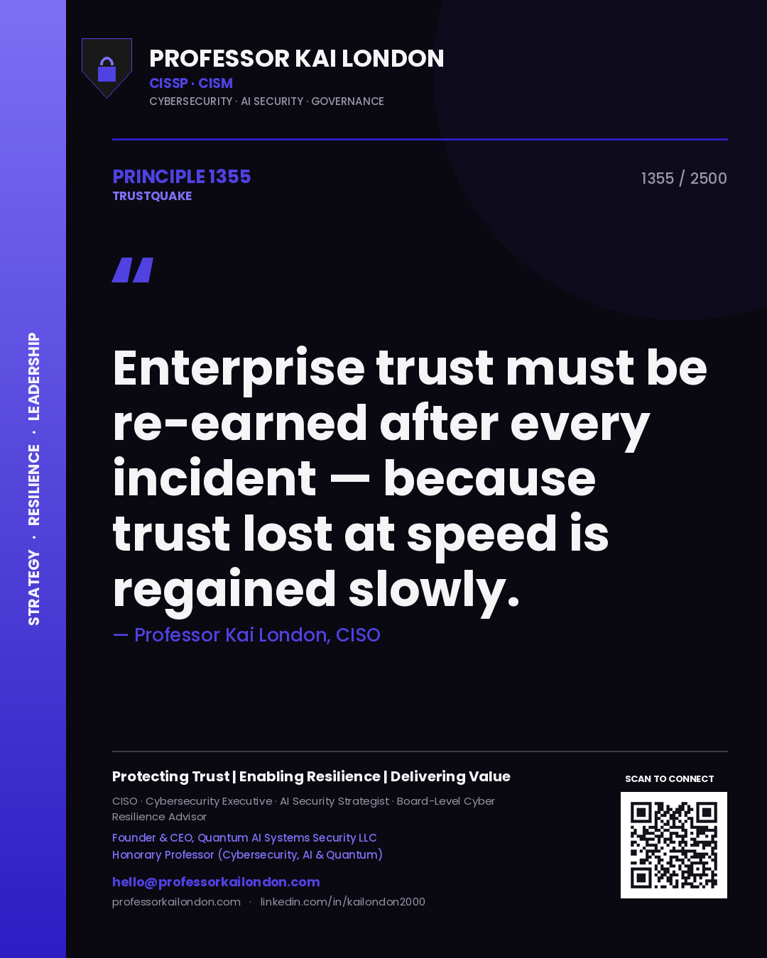 Quote card by Professor Kai London reading 'Enterprise trust must be re-earned after every incident — because trust lost at speed is regained slowly.'. From the book Trustquake.