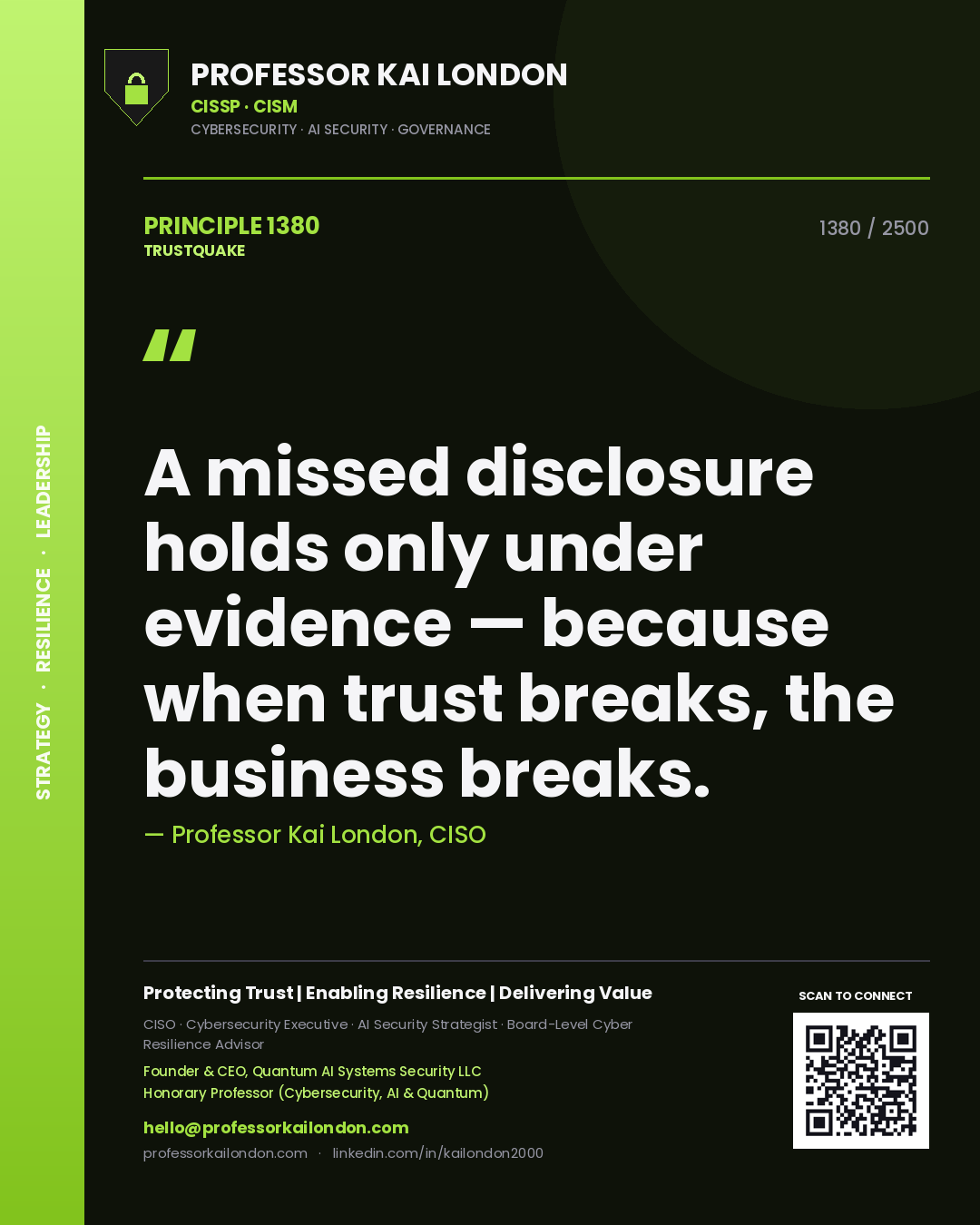 Quote card by Professor Kai London reading 'A missed disclosure holds only under evidence — because when trust breaks, the business breaks.'. From the book Trustquake.