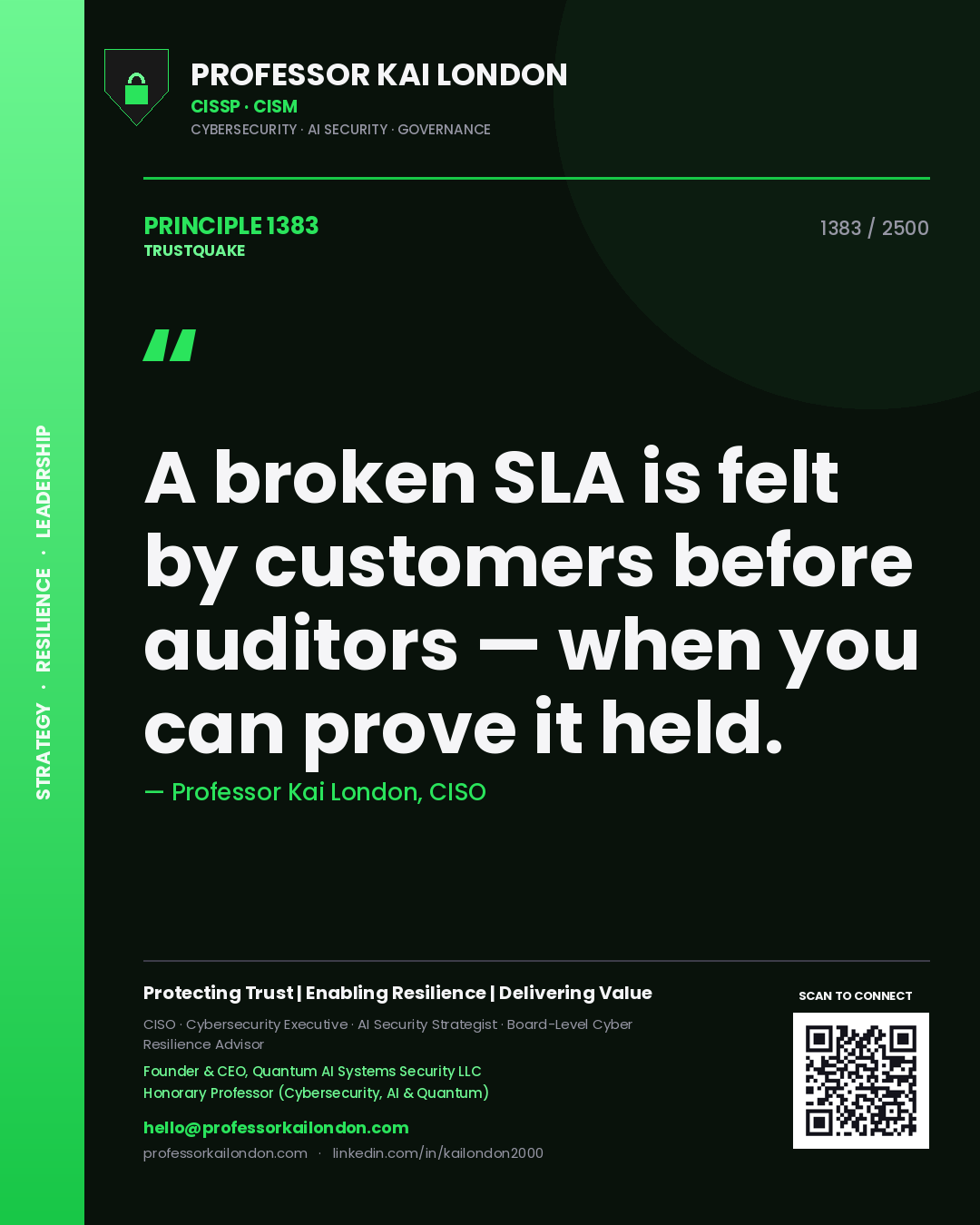 Professor Kai London principle 1383: A broken SLA is felt by customers before auditors — when you can prove it held.