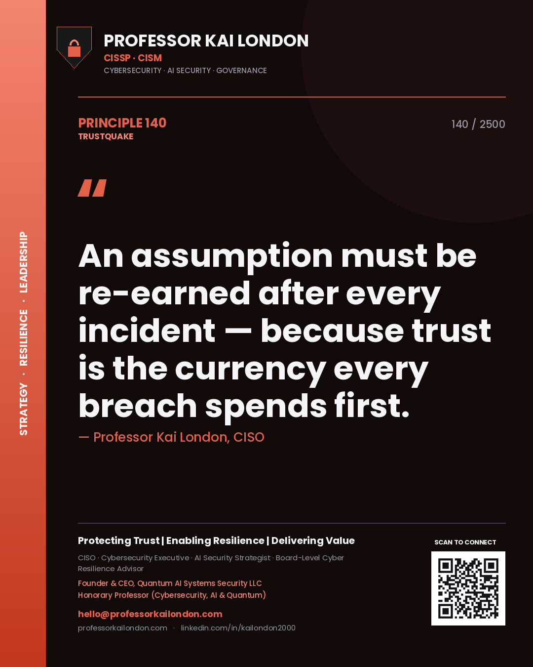Professor Kai London principle 140: An assumption must be re-earned after every incident — because trust is the currency every breach spends first.