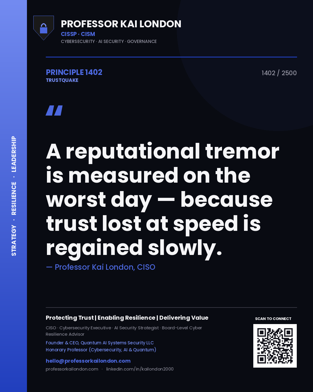 Quote card by Professor Kai London reading 'A reputational tremor is measured on the worst day — because trust lost at speed is regained slowly.'. From the book Trustquake.