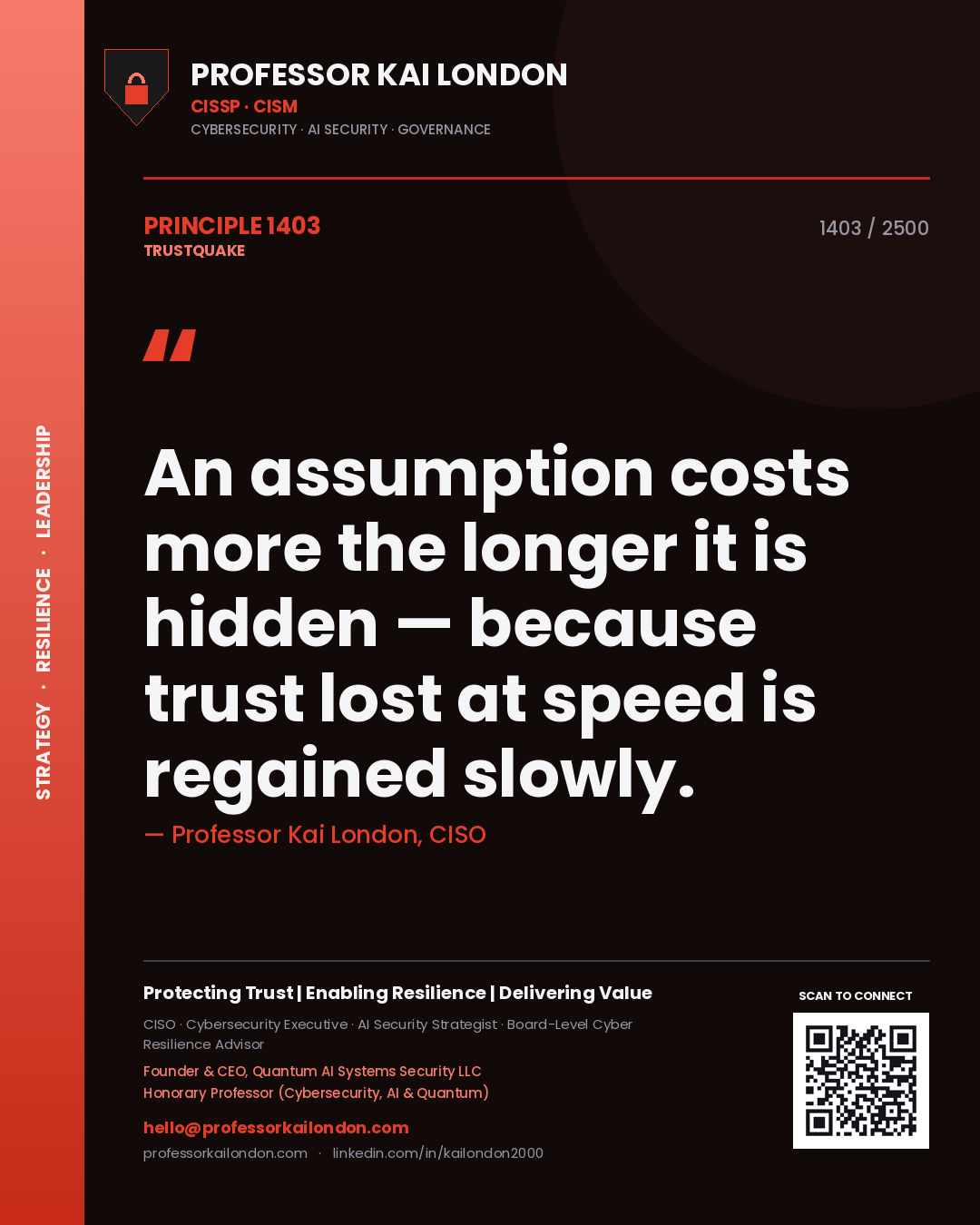 Quote card by Professor Kai London reading 'An assumption costs more the longer it is hidden — because trust lost at speed is regained slowly.'. From the book Trustquake.