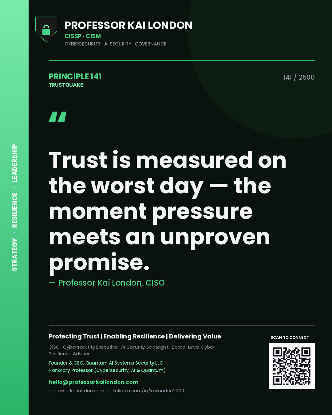 Professor Kai London principle 141: Trust is measured on the worst day — the moment pressure meets an unproven promise.