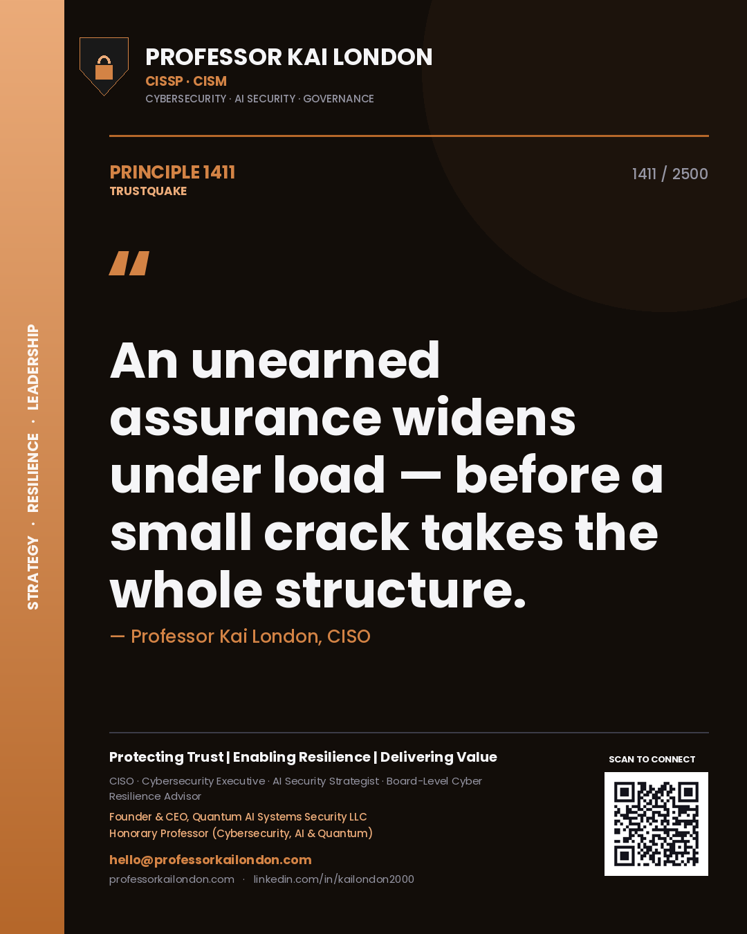 Quote card by Professor Kai London reading 'An unearned assurance widens under load — before a small crack takes the whole structure.'. From the book Trustquake.