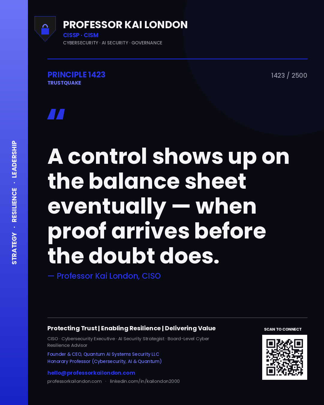 Quote card by Professor Kai London reading 'A control shows up on the balance sheet eventually — when proof arrives before the doubt does.'. From the book Trustquake.