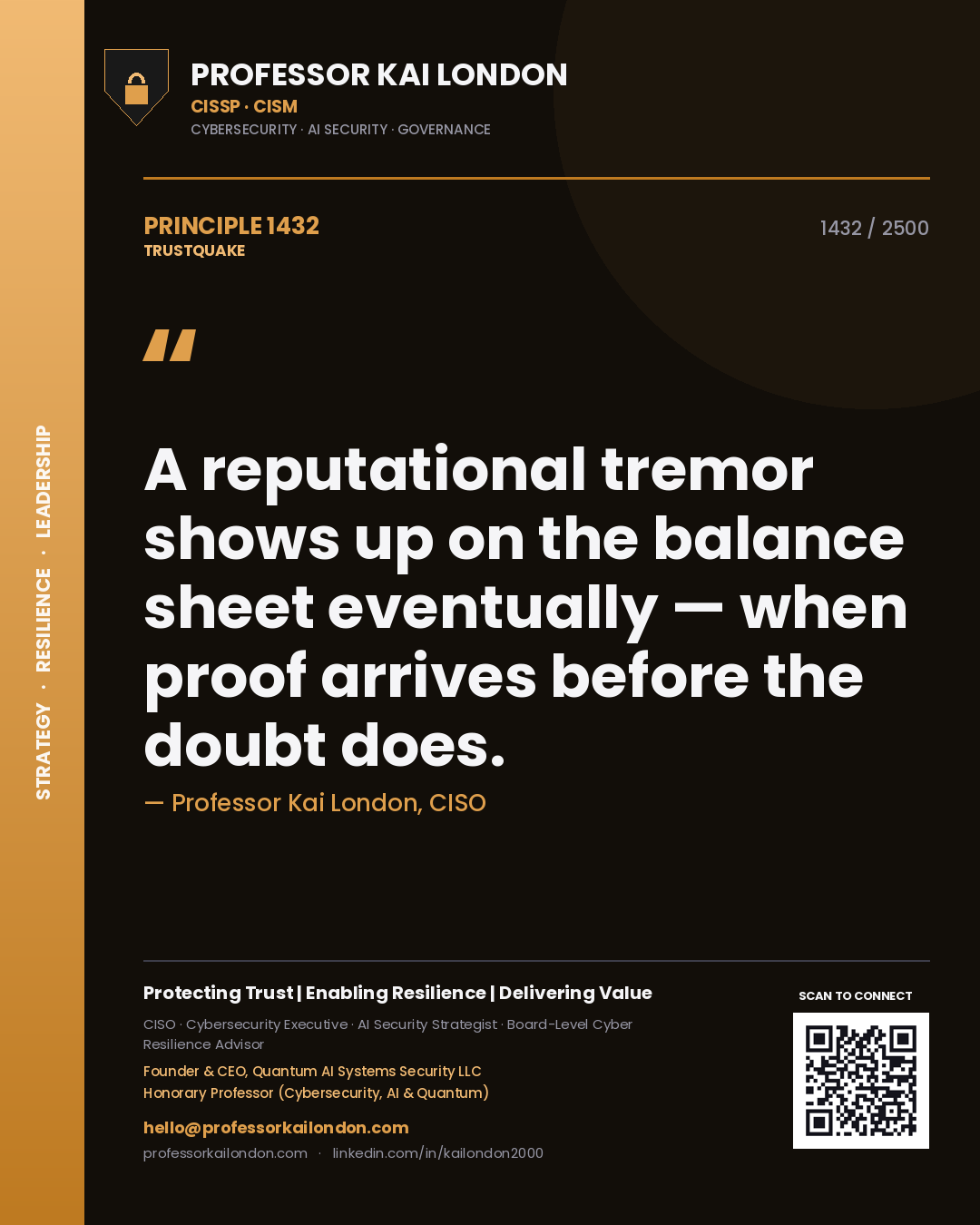 Quote card by Professor Kai London reading 'A reputational tremor shows up on the balance sheet eventually — when proof arrives before the doubt does.'. From the book Trustquake.