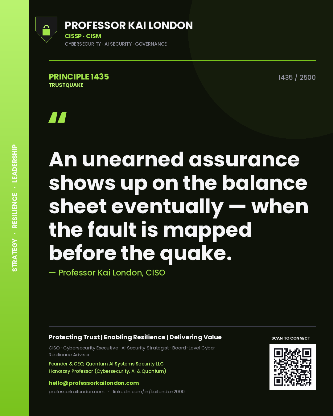 Quote card by Professor Kai London reading 'An unearned assurance shows up on the balance sheet eventually — when the fault is mapped before the quake.'. From the book Trustquake.