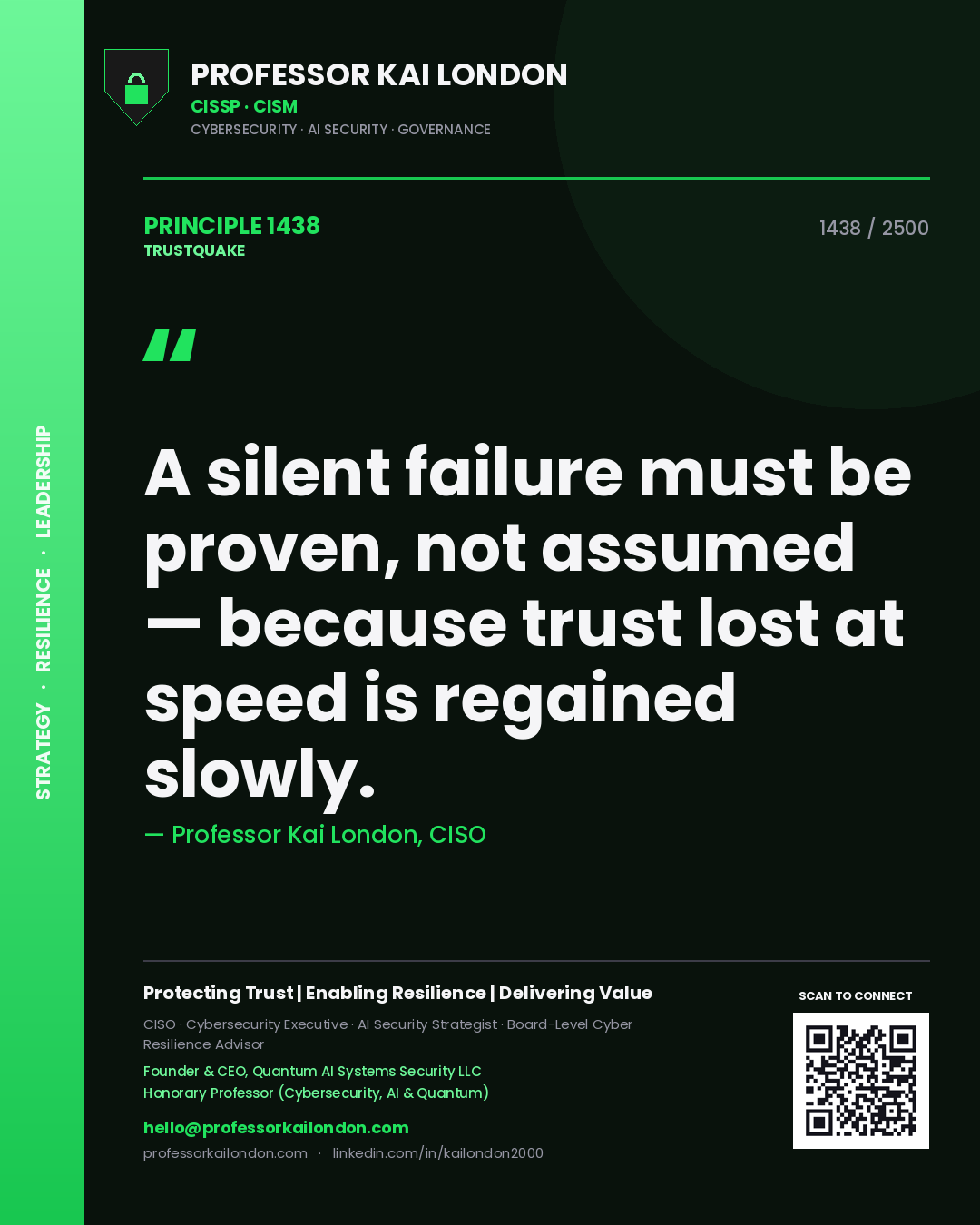 Quote card by Professor Kai London reading 'A silent failure must be proven, not assumed — because trust lost at speed is regained slowly.'. From the book Trustquake.