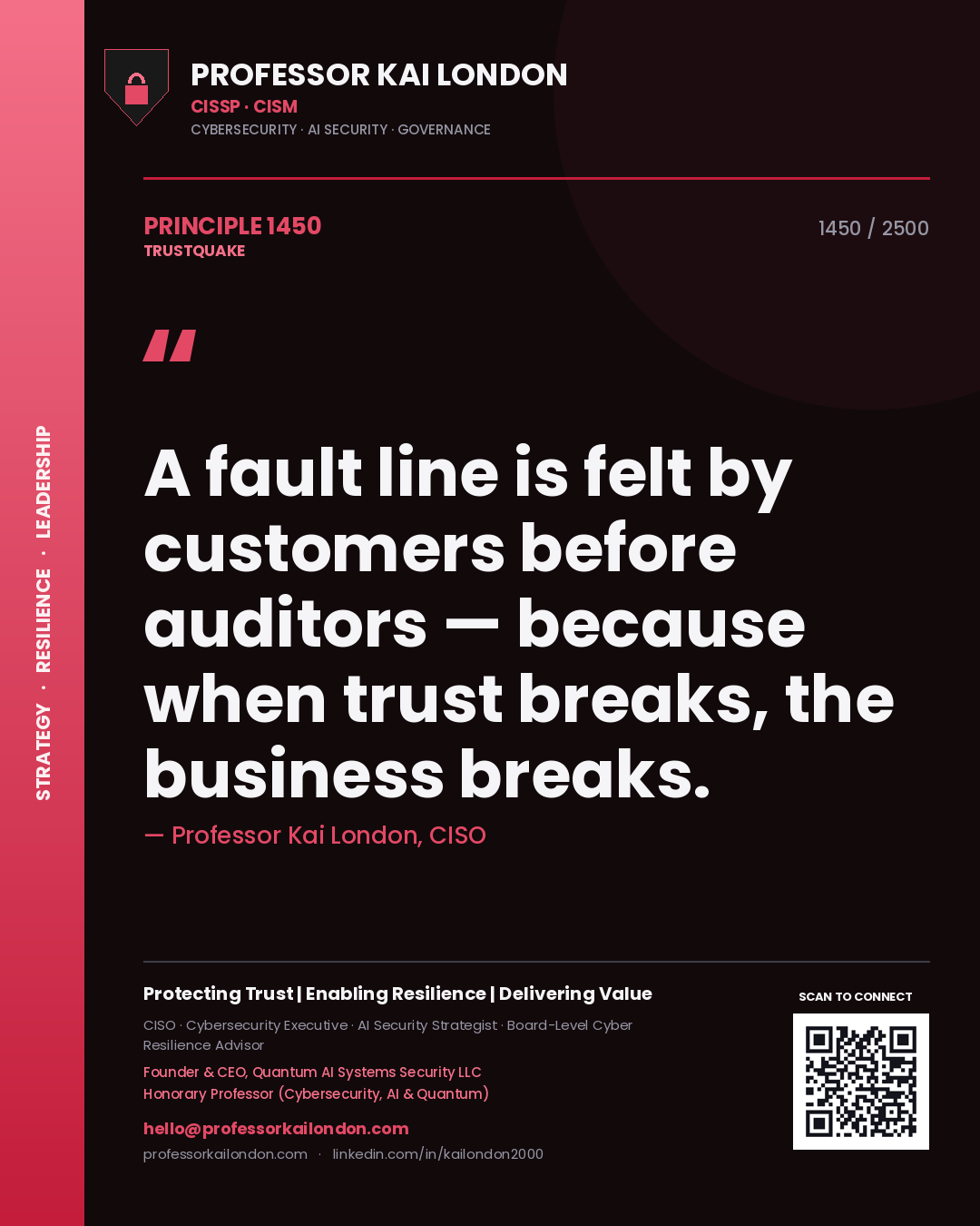 Quote card by Professor Kai London reading 'A fault line is felt by customers before auditors — because when trust breaks, the business breaks.'. From the book Trustquake.