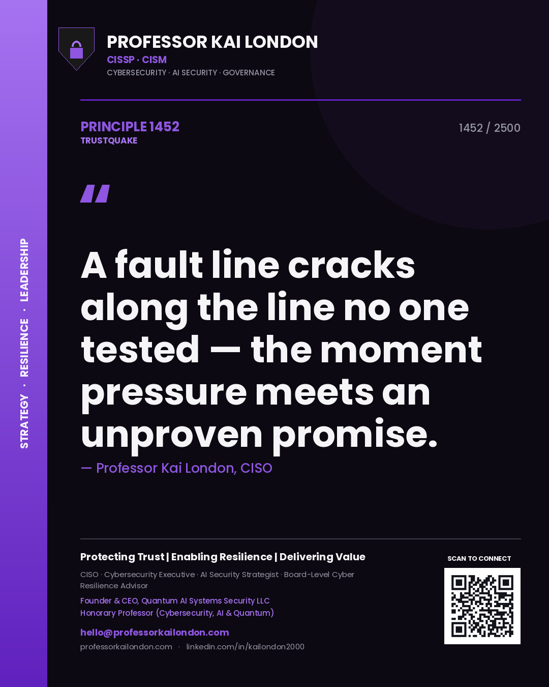 Quote card by Professor Kai London reading 'A fault line cracks along the line no one tested — the moment pressure meets an unproven promise.'. From the book Trustquake.