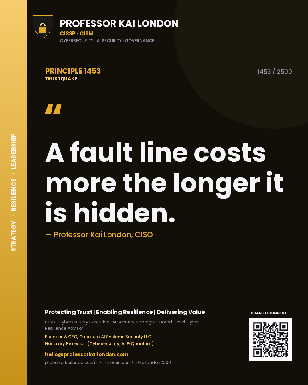 Quote card by Professor Kai London reading 'A fault line costs more the longer it is hidden.'. From the book Trustquake.