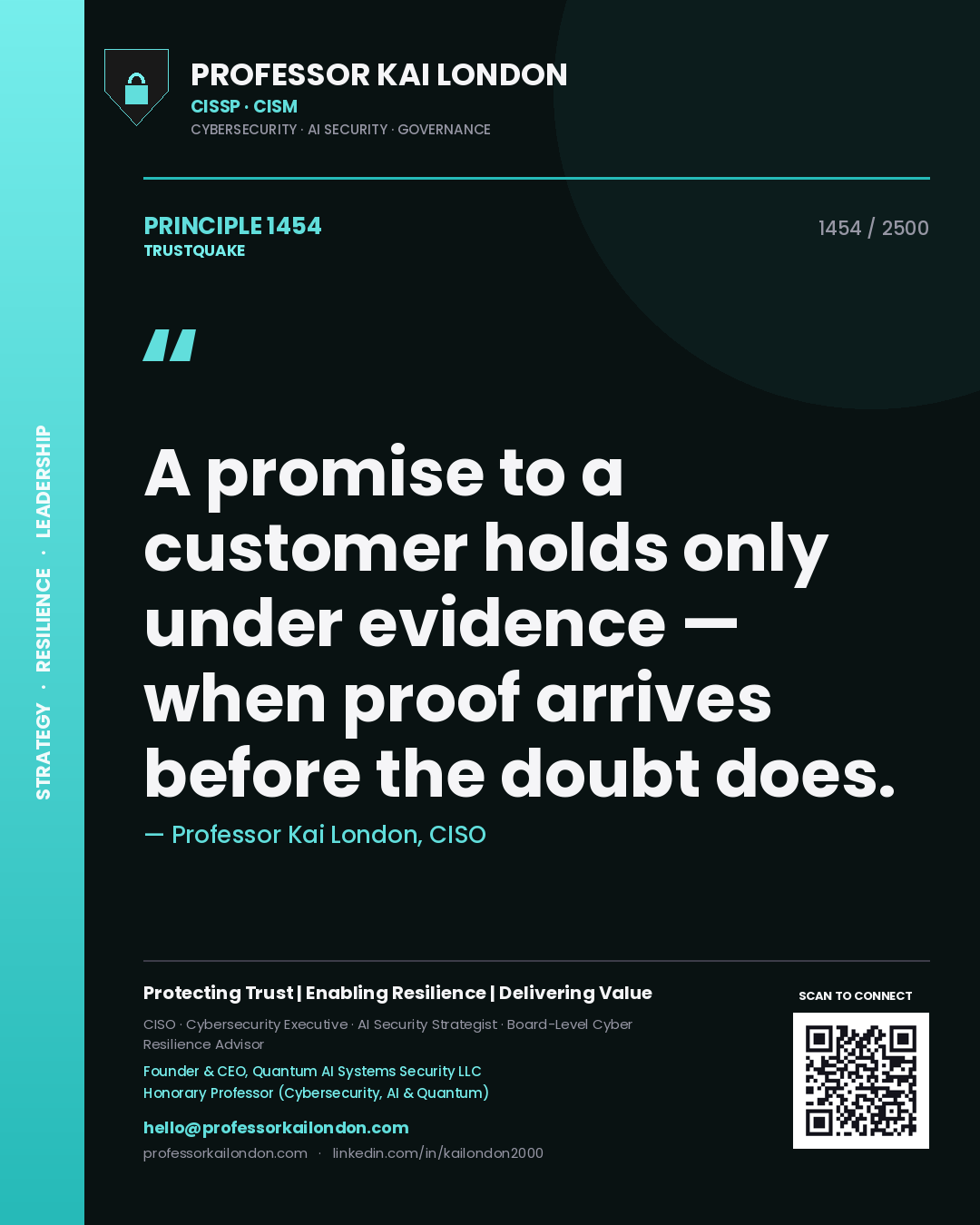 Quote card by Professor Kai London reading 'A promise to a customer holds only under evidence — when proof arrives before the doubt does.'. From the book Trustquake.