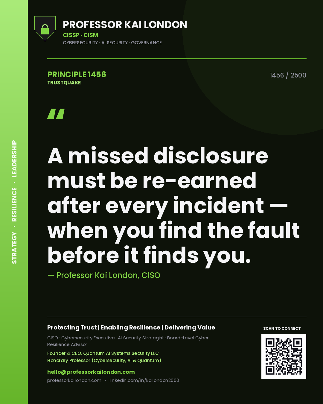 Quote card by Professor Kai London reading 'A missed disclosure must be re-earned after every incident — when you find the fault before it finds you.'. From the book Trustquake.