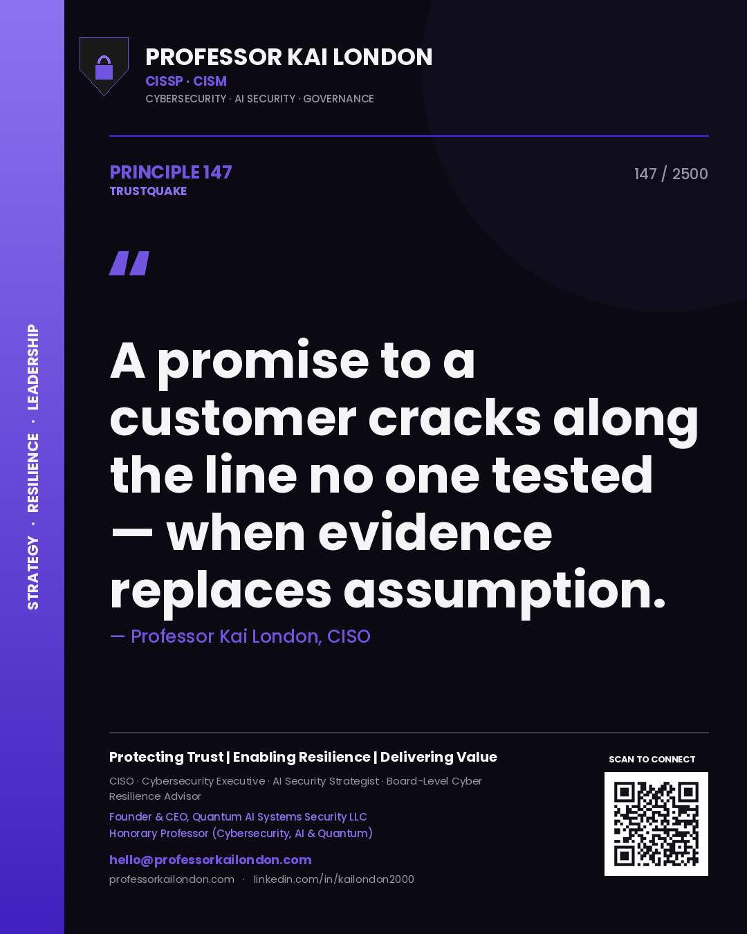Professor Kai London principle 147: A promise to a customer cracks along the line no one tested — when evidence replaces assumption.