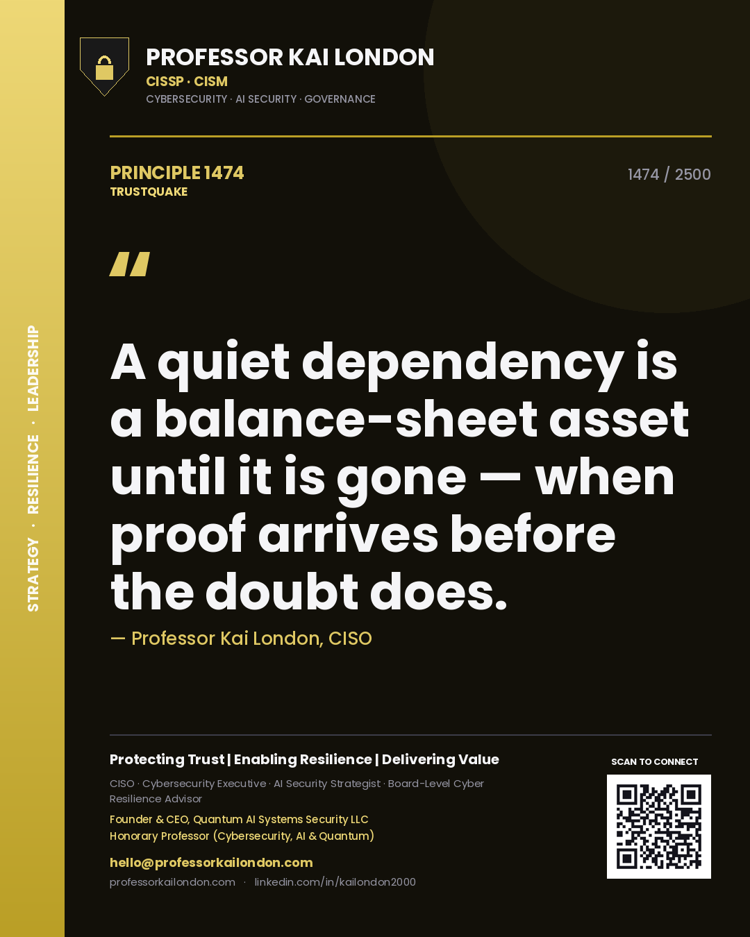 Quote card by Professor Kai London reading 'A quiet dependency is a balance-sheet asset until it is gone — when proof arrives before the doubt does.'. From the book Trustquake.
