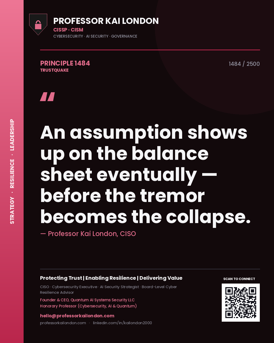 Quote card by Professor Kai London reading 'An assumption shows up on the balance sheet eventually — before the tremor becomes the collapse.'. From the book Trustquake.