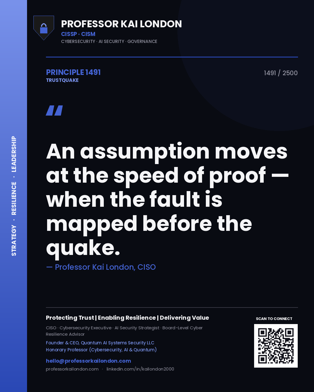 Quote card by Professor Kai London reading 'An assumption moves at the speed of proof — when the fault is mapped before the quake.'. From the book Trustquake.