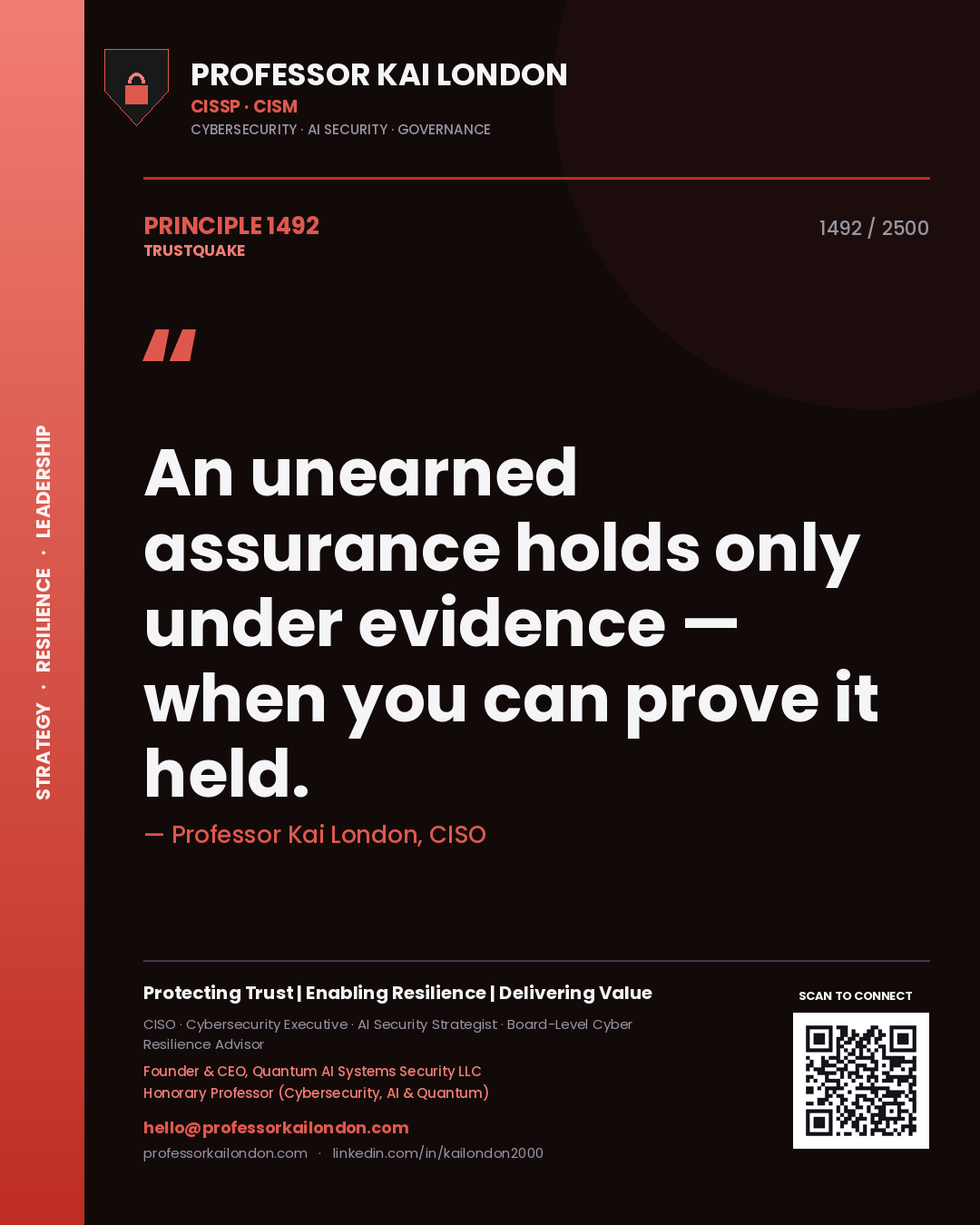 Quote card by Professor Kai London reading 'An unearned assurance holds only under evidence — when you can prove it held.'. From the book Trustquake.
