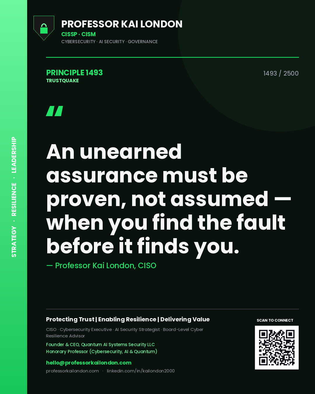 Quote card by Professor Kai London reading 'An unearned assurance must be proven, not assumed — when you find the fault before it finds you.'. From the book Trustquake.