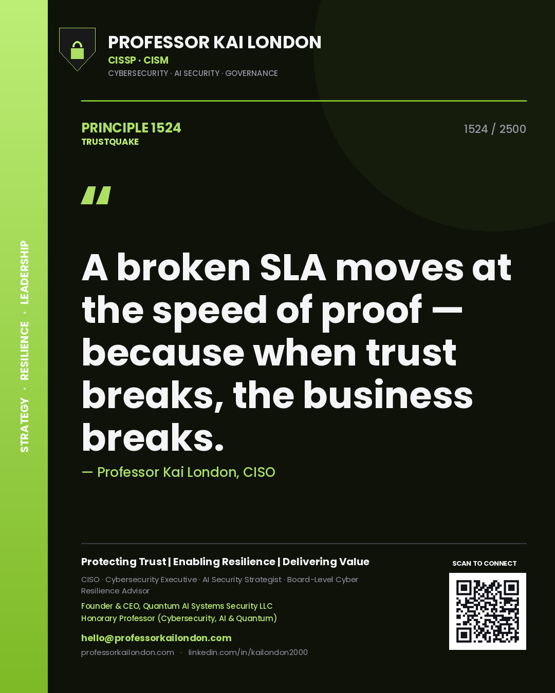 Quote card by Professor Kai London reading 'A broken SLA moves at the speed of proof — because when trust breaks, the business breaks.'. From the book Trustquake.