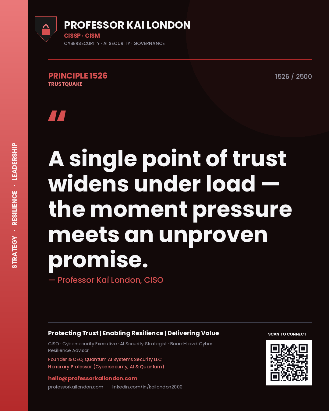 Professor Kai London principle 1526: A single point of trust widens under load — the moment pressure meets an unproven promise.