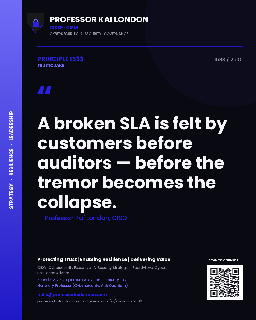 Quote card by Professor Kai London reading 'A broken SLA is felt by customers before auditors — before the tremor becomes the collapse.'. From the book Trustquake.