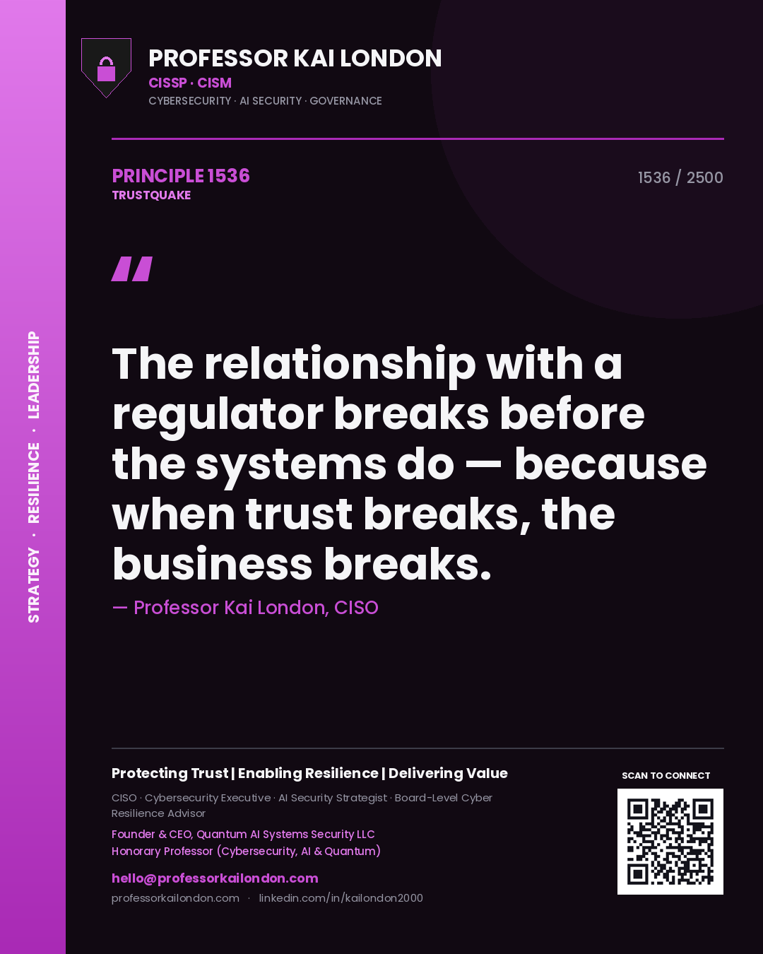 Professor Kai London principle 1536: The relationship with a regulator breaks before the systems do — because when trust breaks, the business breaks.