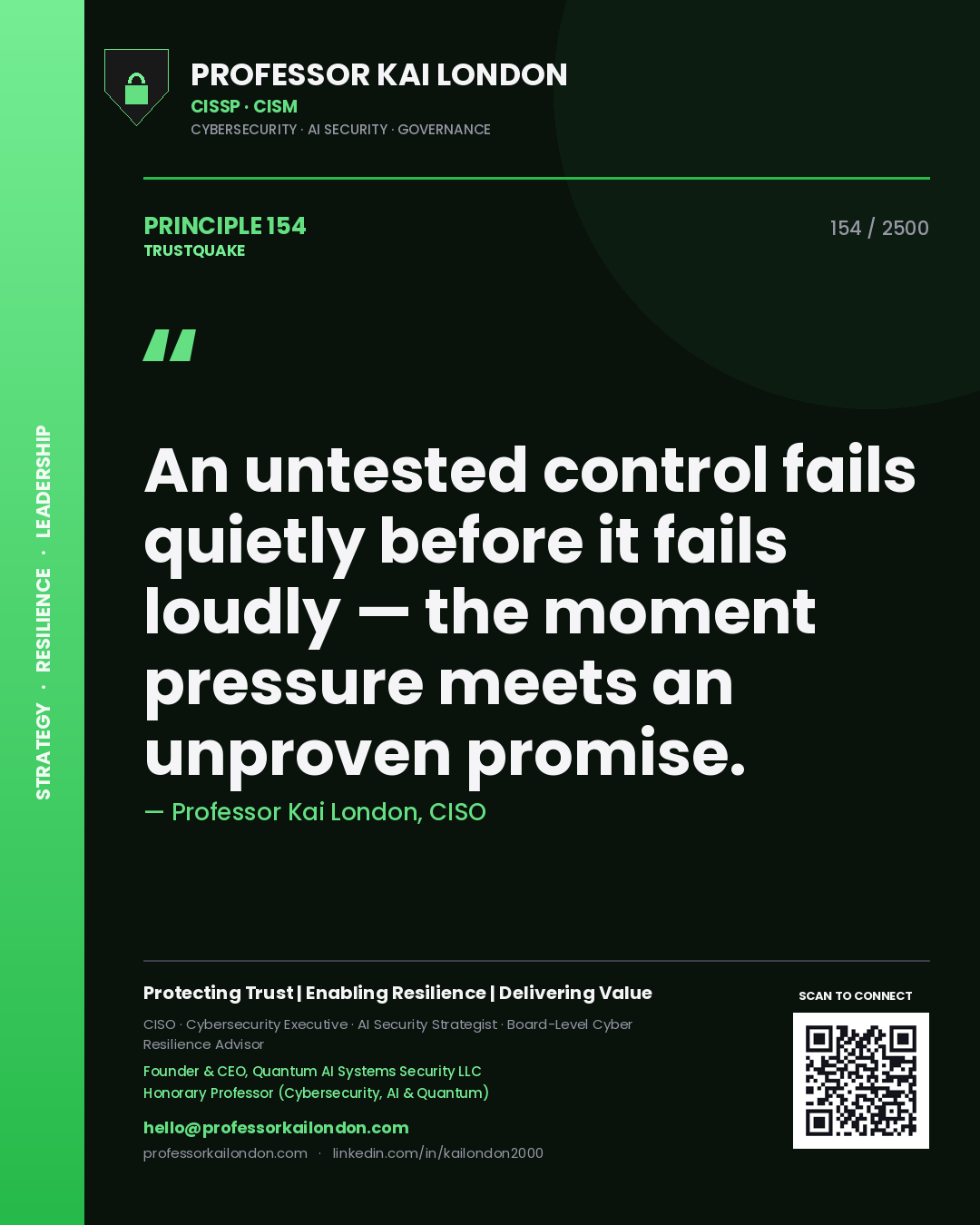 Professor Kai London principle 154: An untested control fails quietly before it fails loudly — the moment pressure meets an unproven promise.