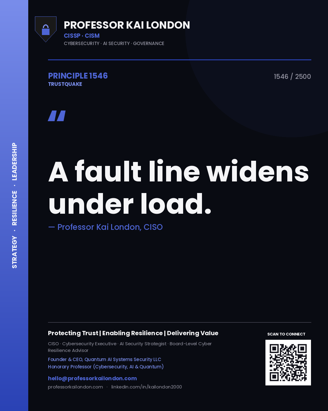 Quote card by Professor Kai London reading 'A fault line widens under load.'. From the book Trustquake.