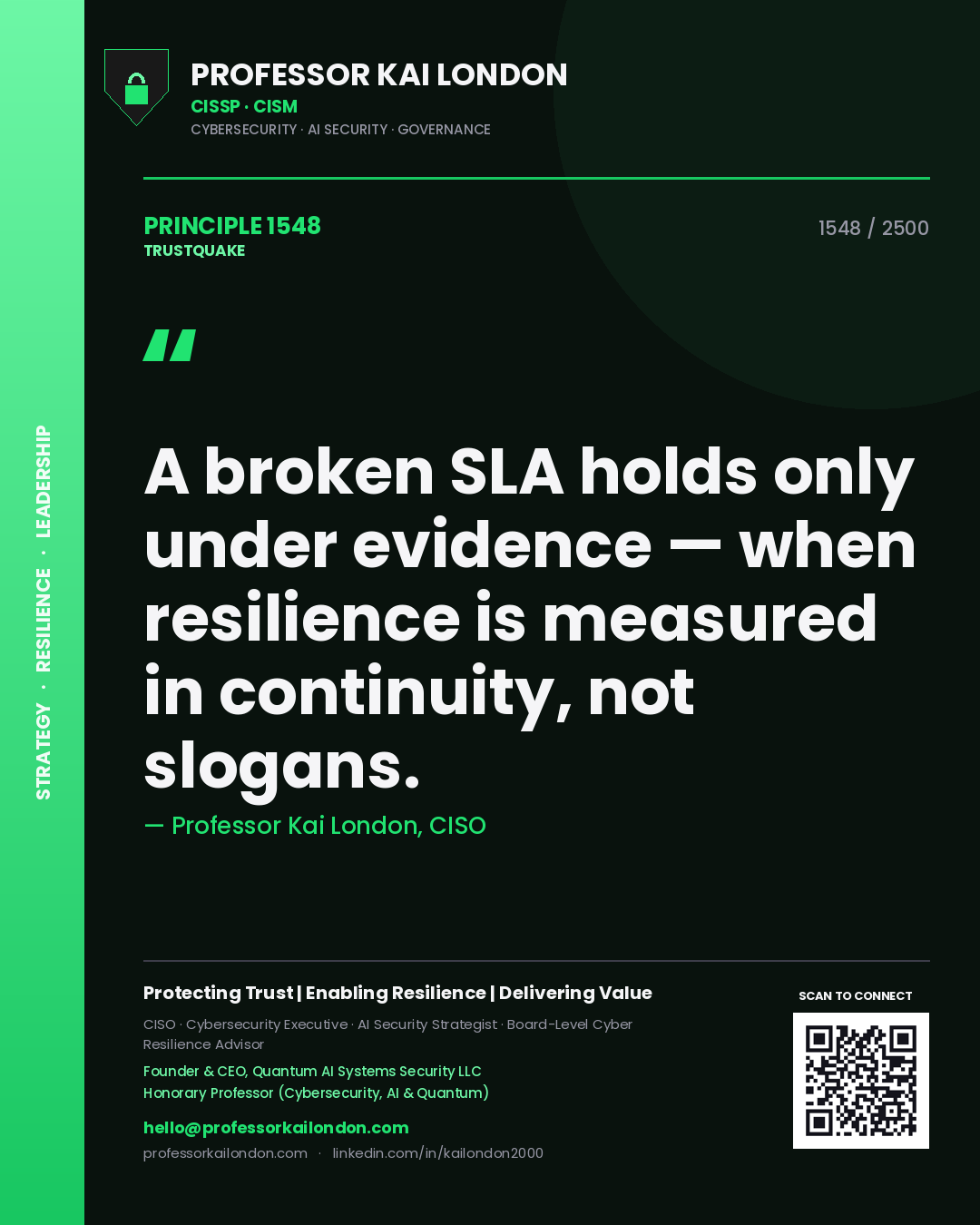 Quote card by Professor Kai London reading 'A broken SLA holds only under evidence — when resilience is measured in continuity, not slogans.'. From the book Trustquake.