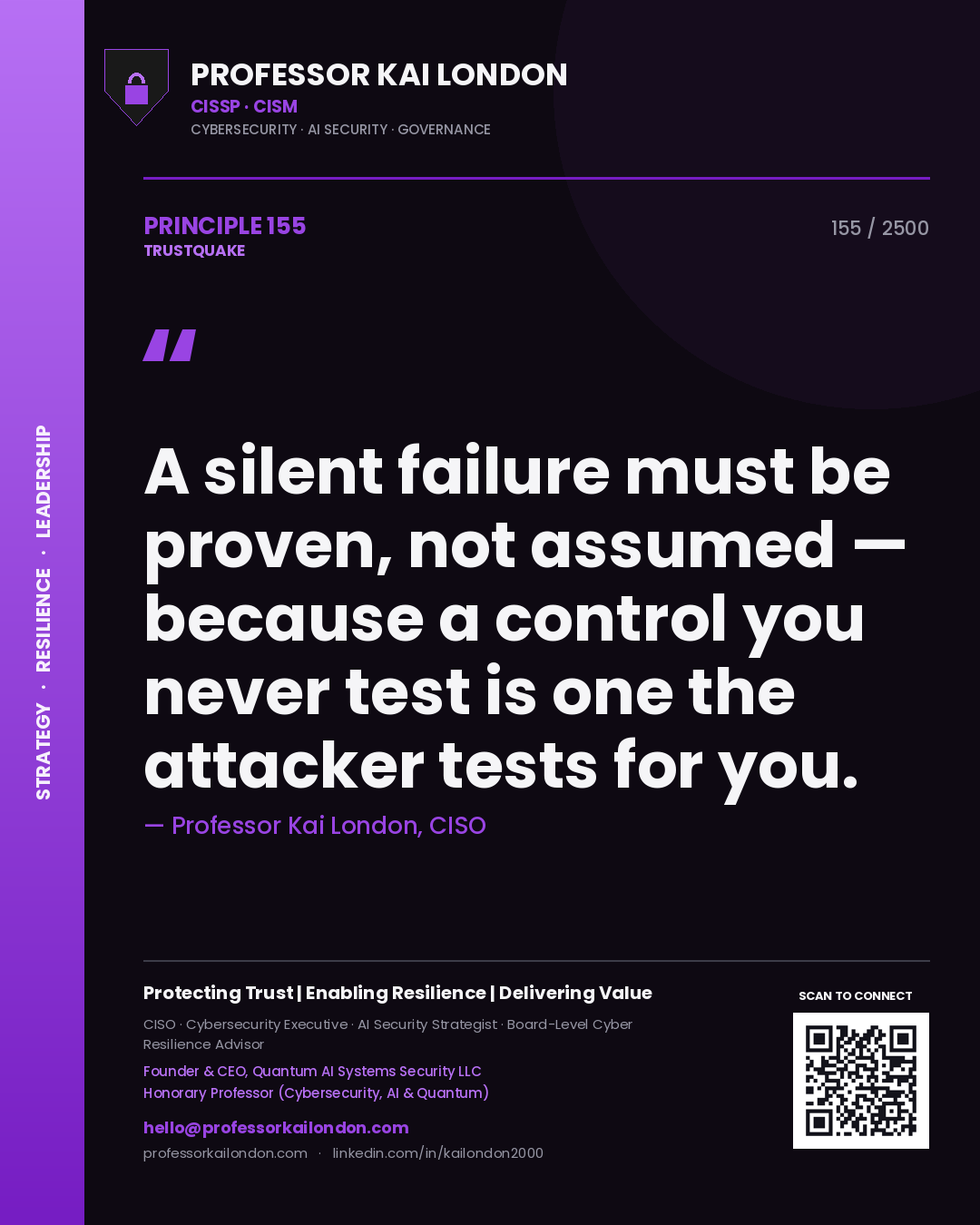 Quote card by Professor Kai London reading 'A silent failure must be proven, not assumed — because a control you never test is one the attacker tests for you.'. From the book Trustquake.