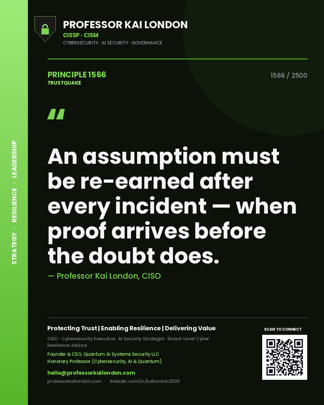 Professor Kai London principle 1566: An assumption must be re-earned after every incident — when proof arrives before the doubt does.