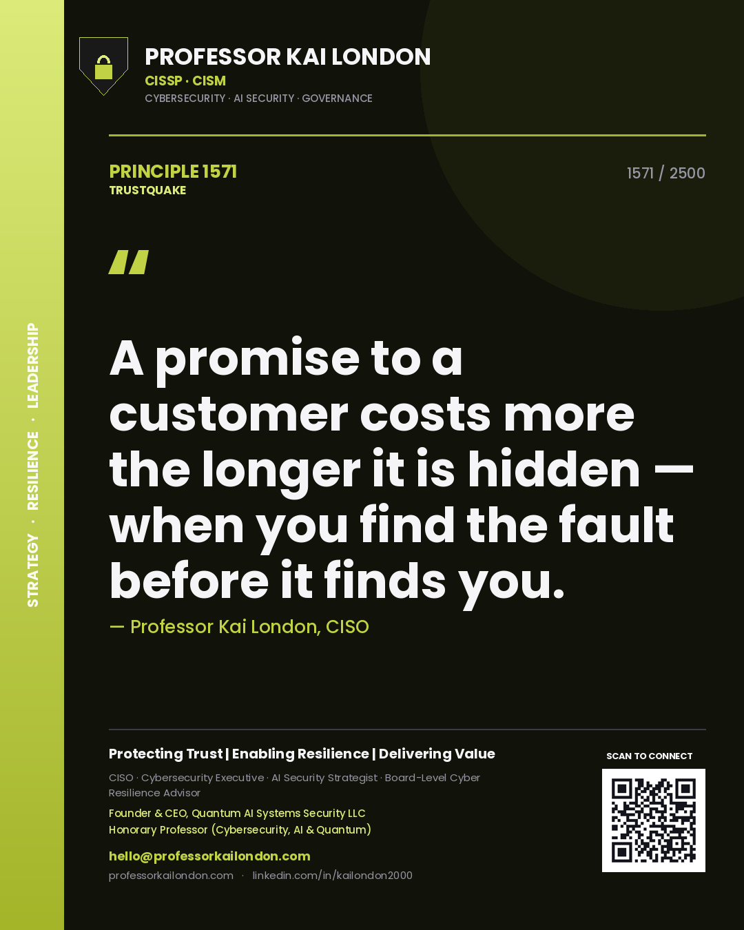 Quote card by Professor Kai London reading 'A promise to a customer costs more the longer it is hidden — when you find the fault before it finds you.'. From the book Trustquake.