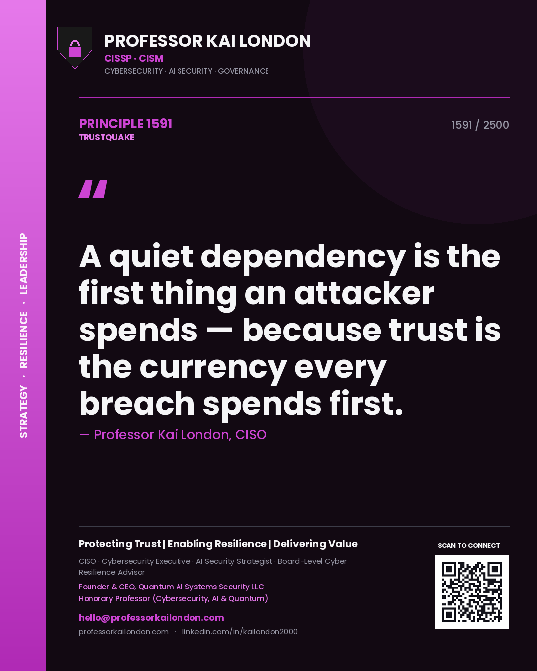 Quote card by Professor Kai London reading 'A quiet dependency is the first thing an attacker spends — because trust is the currency every breach spends first.'. From the book Trustquake.