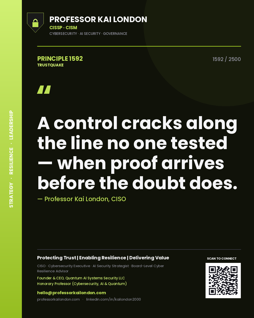Professor Kai London principle 1592: A control cracks along the line no one tested — when proof arrives before the doubt does.