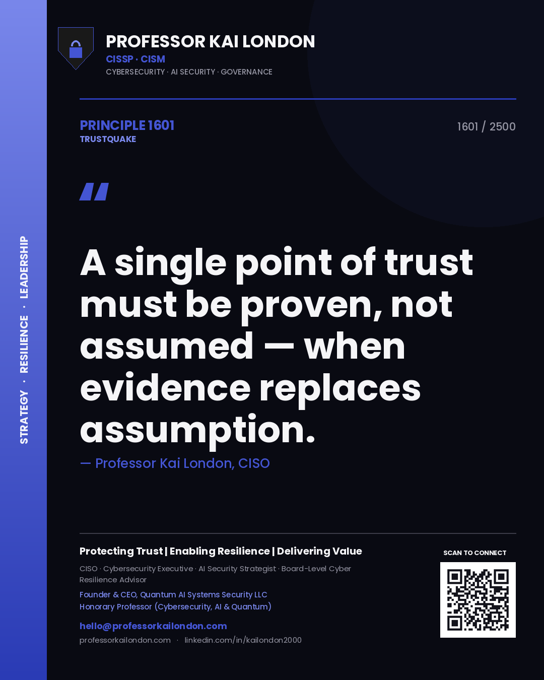 Quote card by Professor Kai London reading 'A single point of trust must be proven, not assumed — when evidence replaces assumption.'. From the book Trustquake.