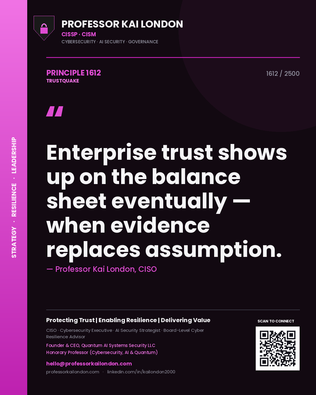Quote card by Professor Kai London reading 'Enterprise trust shows up on the balance sheet eventually — when evidence replaces assumption.'. From the book Trustquake.