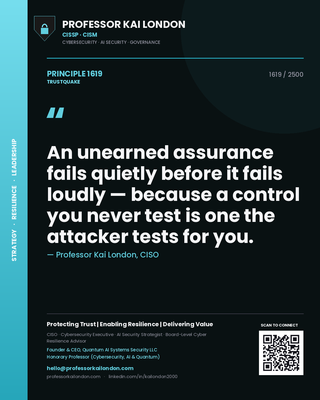 Quote card by Professor Kai London reading 'An unearned assurance fails quietly before it fails loudly — because a control you never test is one the attacker tests for you.'. From the book Trustquake.