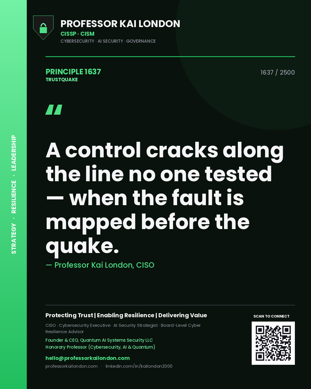 Quote card by Professor Kai London reading 'A control cracks along the line no one tested — when the fault is mapped before the quake.'. From the book Trustquake.