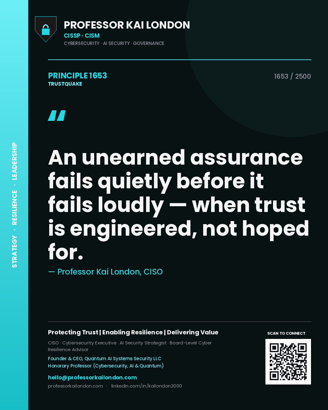 Quote card by Professor Kai London reading 'An unearned assurance fails quietly before it fails loudly — when trust is engineered, not hoped for.'. From the book Trustquake.