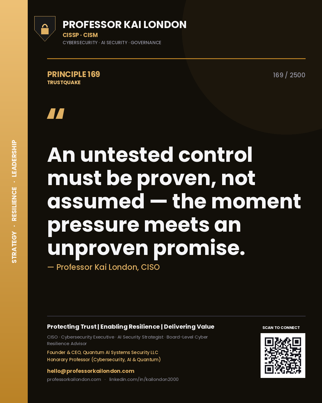 Quote card by Professor Kai London reading 'An untested control must be proven, not assumed — the moment pressure meets an unproven promise.'. From the book Trustquake.
