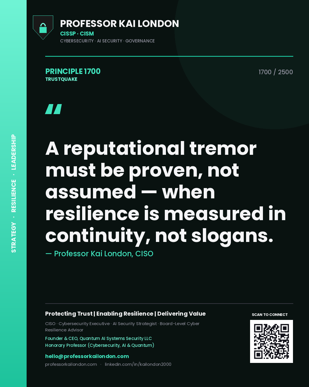 Quote card by Professor Kai London reading 'A reputational tremor must be proven, not assumed — when resilience is measured in continuity, not slogans.'. From the book Trustquake.